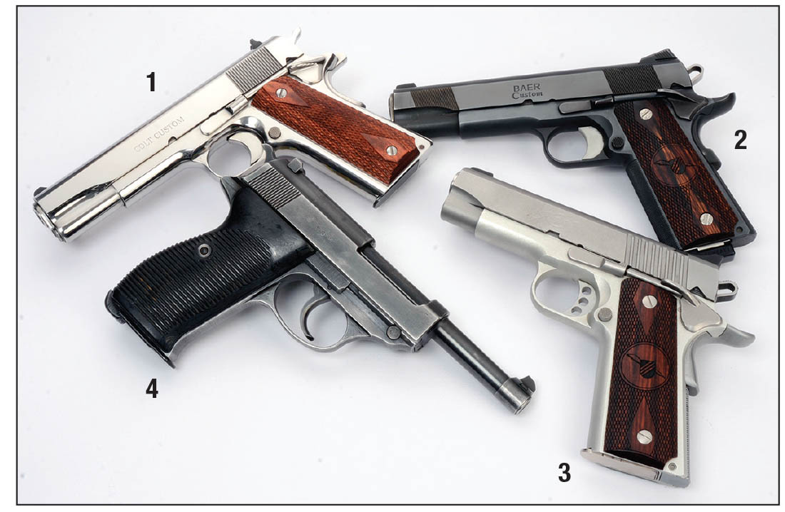 The four autoloading pistols used to test bullets include the (1) Colt Model 1911 El Centurion, (2) Les Baer Model 1911, Thunder Ranch Special .45 Auto, (3) Kimber Pro-Carry .40 S&W and a (4) German (Mauser) P38 9mm.